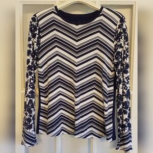 Tory Burch Preppy Navy and Cream Chevron Floral Long Sleeve 100% Pima Cotton Top